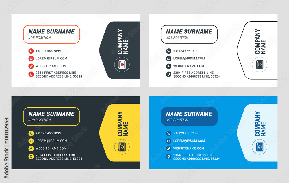 Business Card Vector Template. Flat Style Vector Illustration. Stationery Design. 4 Color Combinations. Print Template