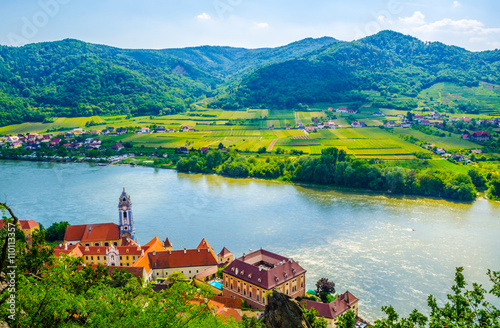 Vászonkép aerial view of Durnstein village situated in wachau valley in Austria