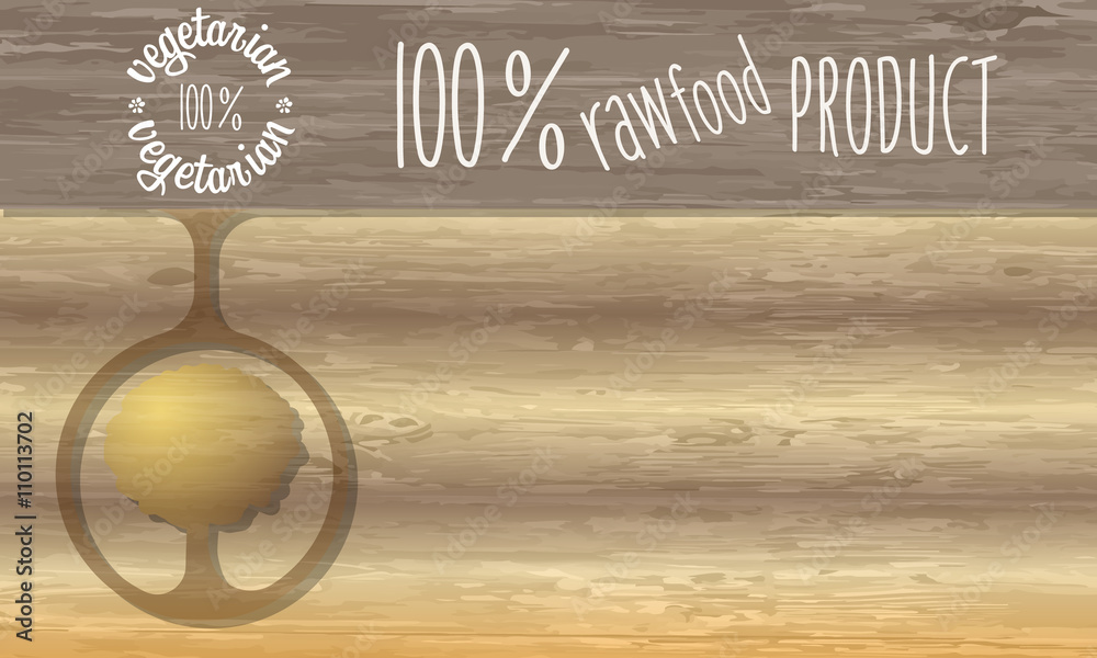 Raw food product headline and wooden background