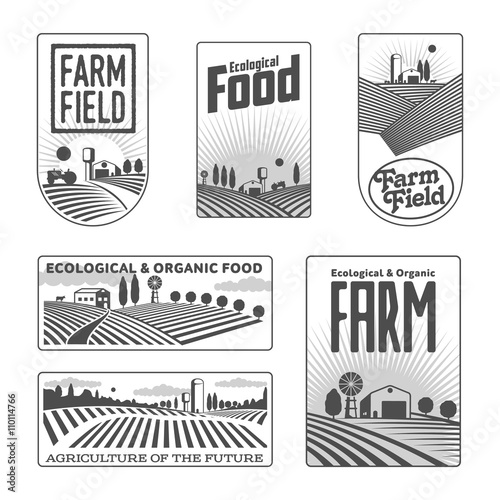 Farm field labels set of vector logos farming, yellow field with a barn, land and trees, badges with fields fermpeskie yellow badges isolated on white background