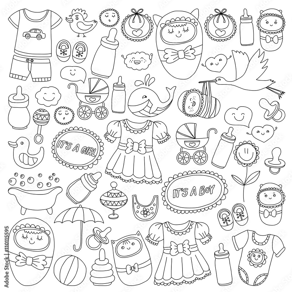 Baby icons Hand drawn doodle vector set Baby icons Hand drawn doodle vector set