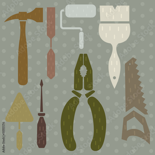Silhouette set of tools hammer, pliers, a putty knife, saw, screwdriver, chisel