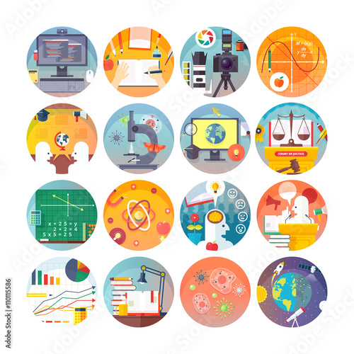Education and science flat circle icons set.  Subjects and science disciplines. Vector icon collection. 