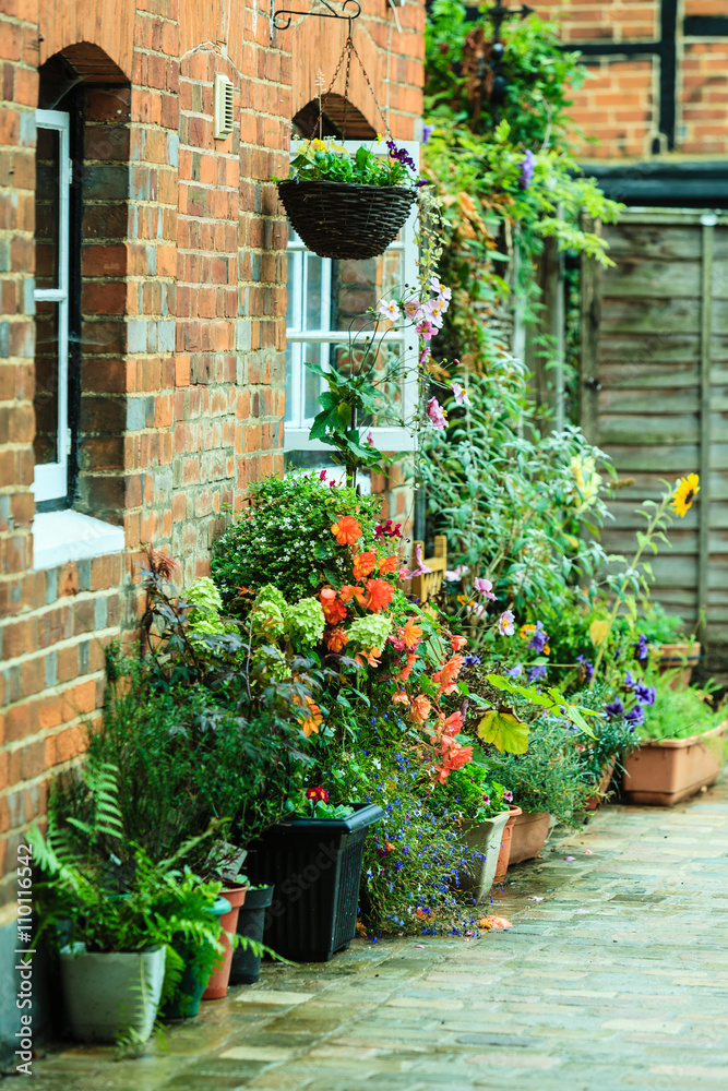 town street with pots of flowers town street with pots of flowers