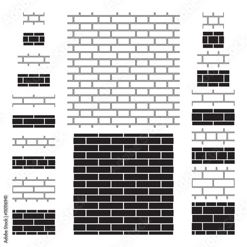 20 brick wall (brickwork) seamless patterns. Four types of bonds used in brick masonry work, two sizes of brick, contour and silhouette design. Brick wall sign, icons, backgrounds. Vector illustration