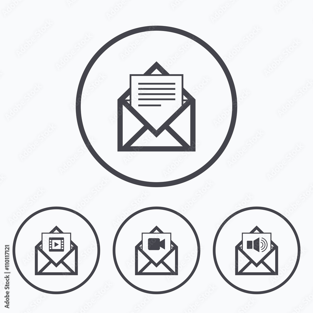 Mail envelope icons. Message document symbols.