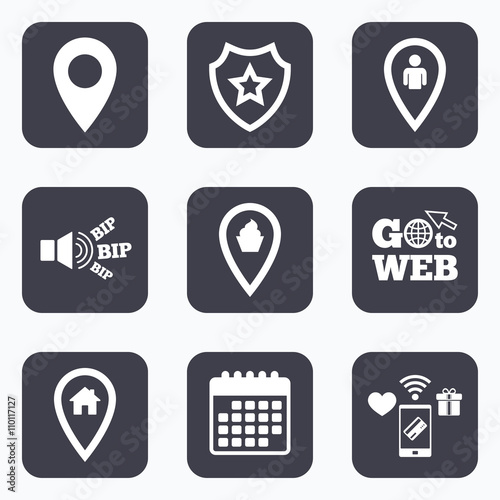 Map pointer icons. Home, food and user location.