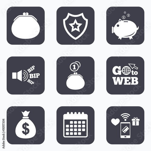 Money bag icons. Wallet and piggy bank symbols.