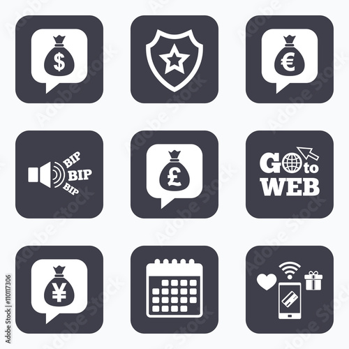 Money bag icons. Dollar, Euro, Pound and Yen.