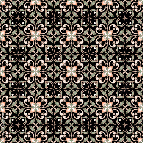 Decorative colored seamless texture on black background.