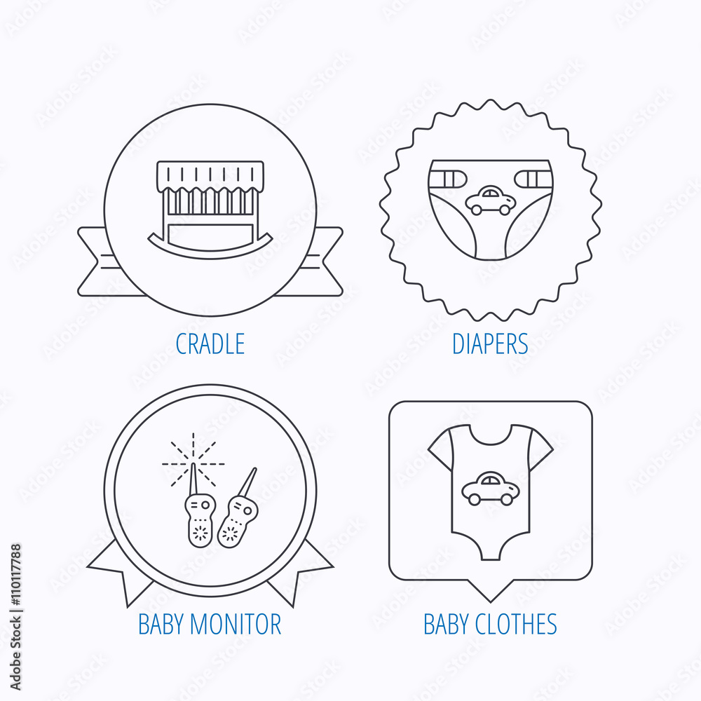 Newborn clothes, diapers and sleep cradle icons.