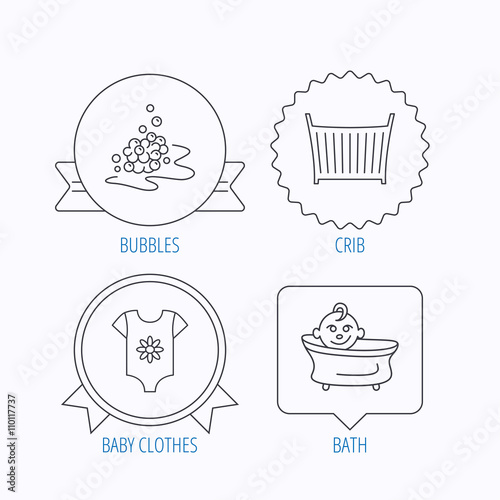 Baby clothes, bath and crib icons.