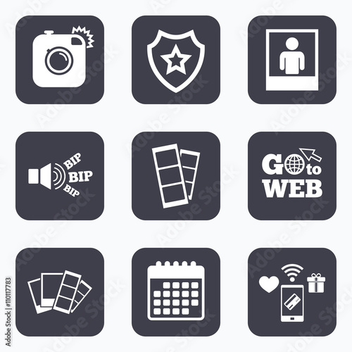 Photo camera icon. Flash light and selfie frame.