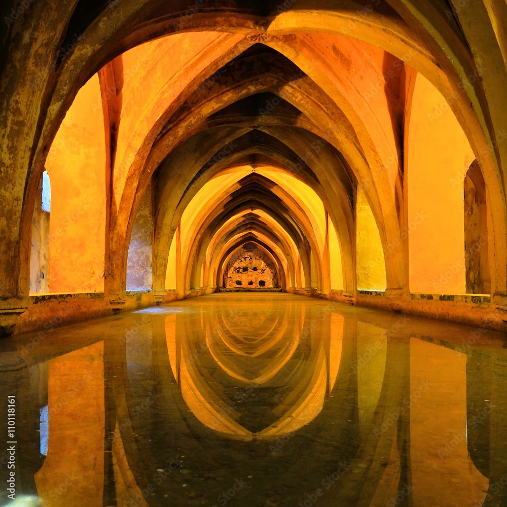 Naklejka premium Royal baths at the Alcazar of Sevilla, Spain with reflections