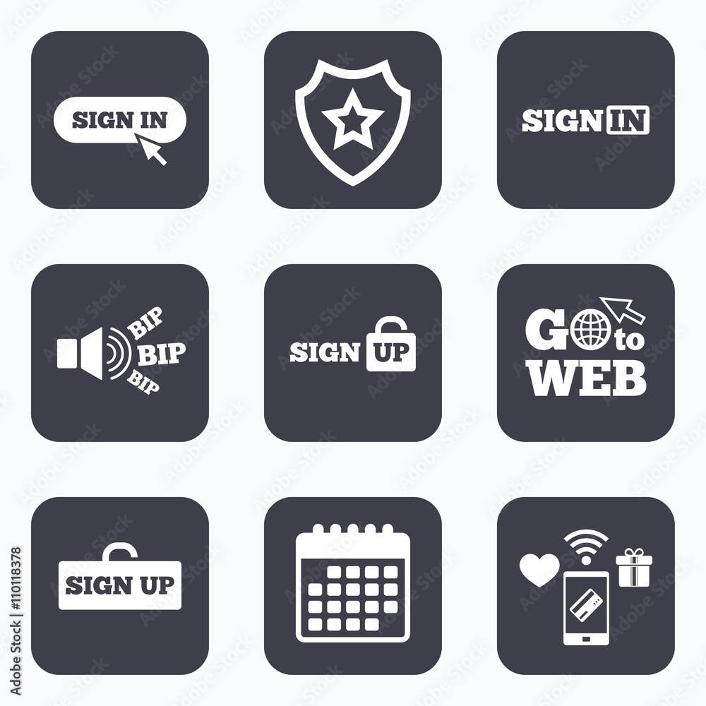 Sign in icons. Login with arrow, hand pointer.