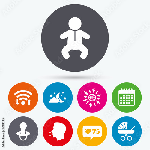 Moon and stars. Baby infant icon. Buggy, dummy.