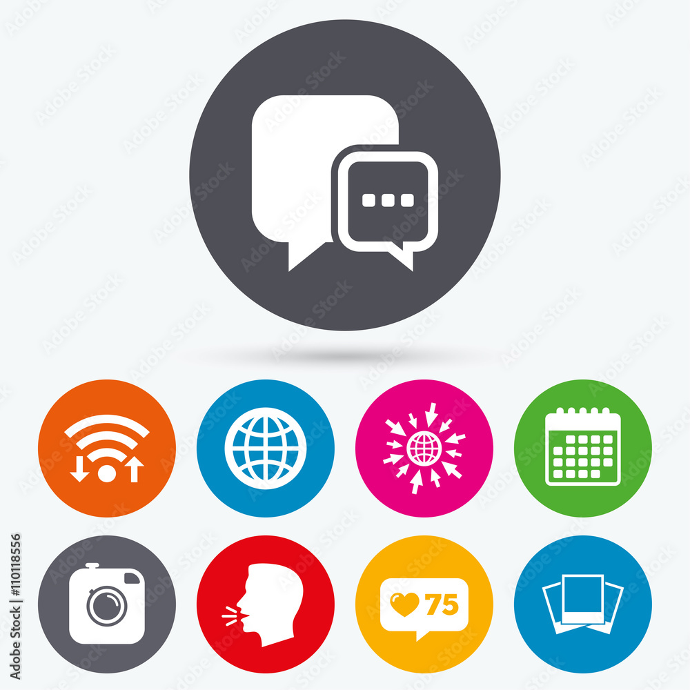 Social media icons. Chat speech bubble and Globe Social media icons. Chat speech bubble and Globe