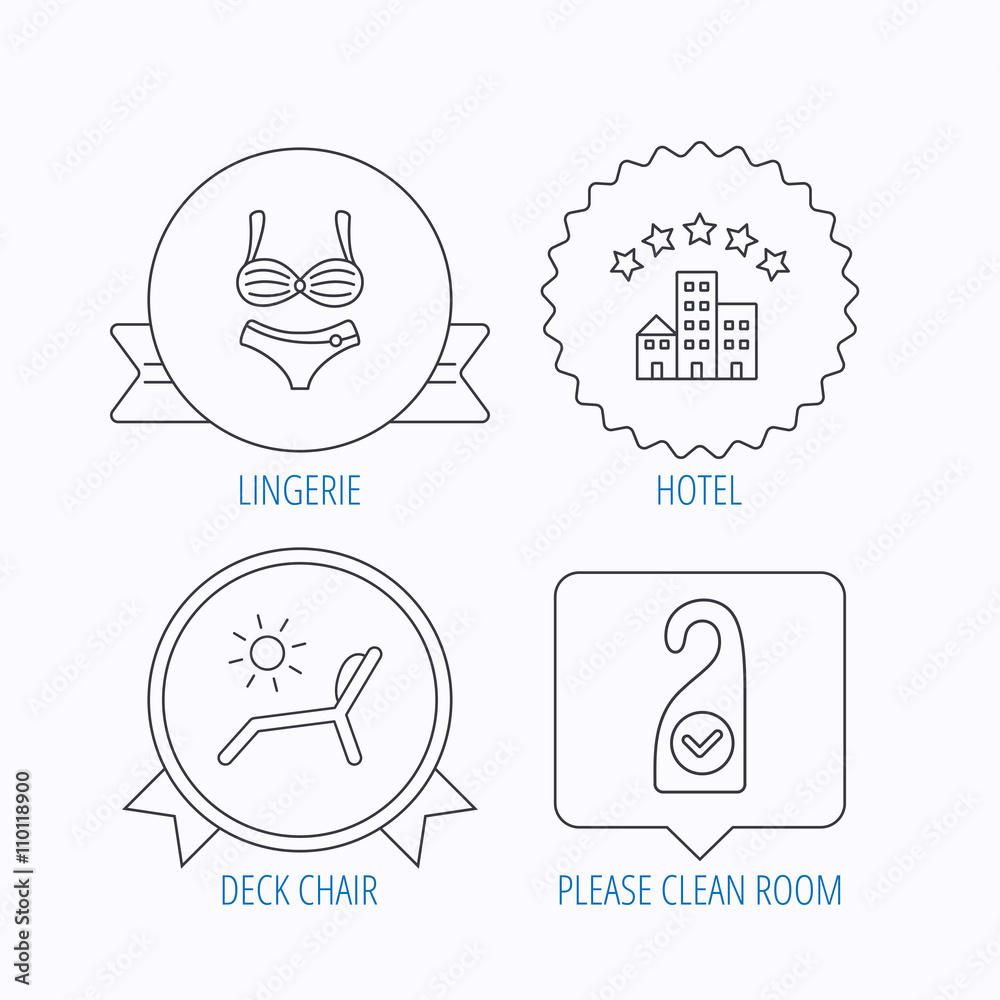Fototapeta premium Hotel, lingerie and beach deck chair icons.