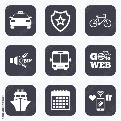 Transport icons. Taxi car, Bicycle, Bus and Ship