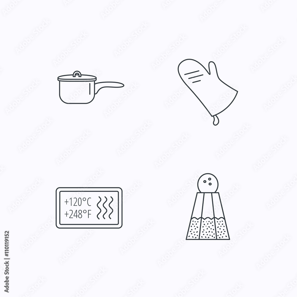 Saucepan, potholder and salt icons. Saucepan, potholder and salt icons.