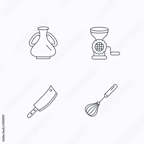 Meat grinder, butcher knife and whisk icons.