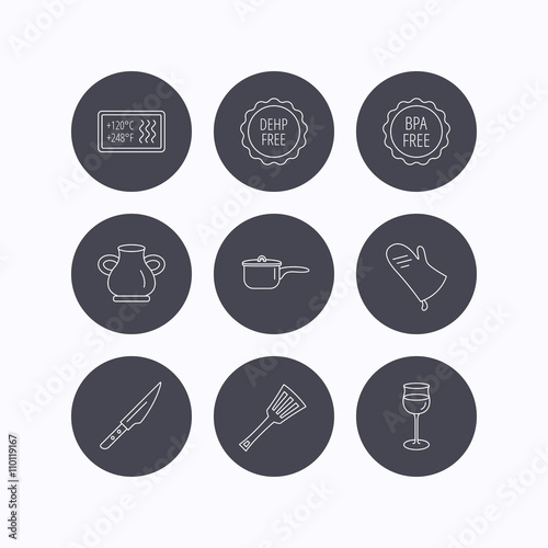 Saucepan, potholder and wineglass icons.