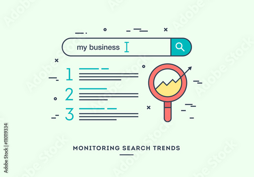 Monitoring search trends, digital marketing concept, flat design thin line banner.