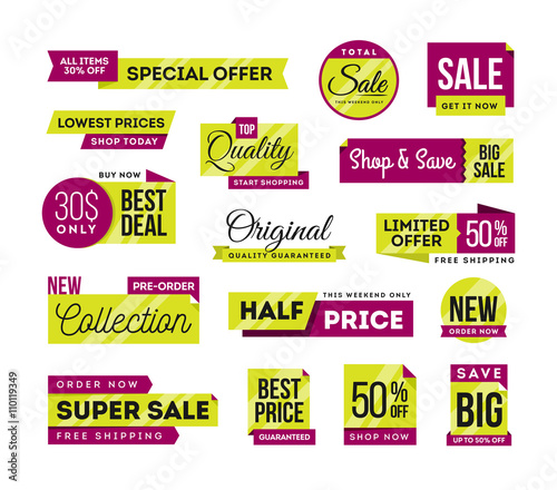 Set of promotional badges and sale tags, modern design