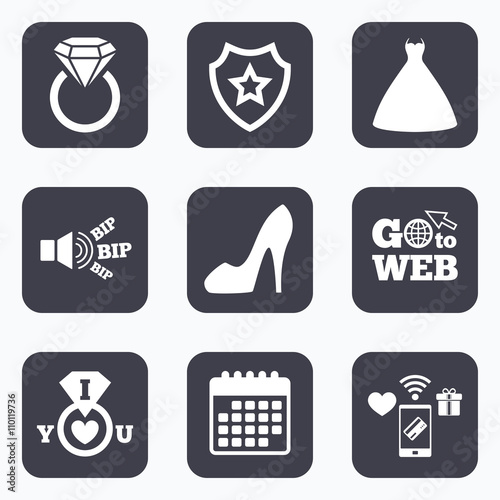 Wedding dress icon. Women's shoe symbol.
