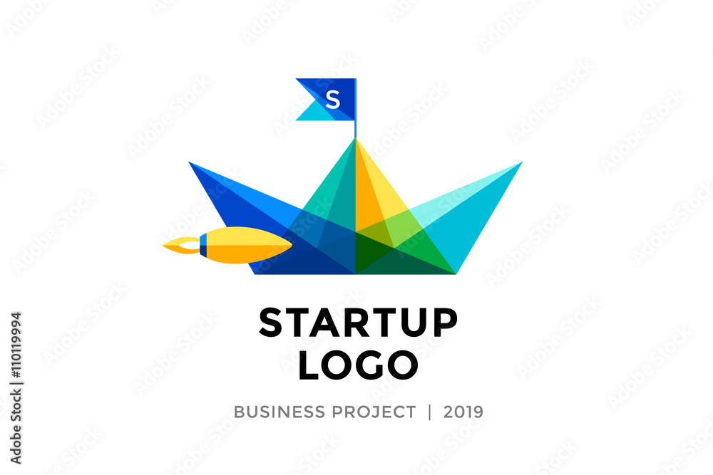 Logo for startup project with inscription Startup Logo - Business project. Logo template of colorful paper boat. Business concept and identity symbol. Startup graphic design concept. Vector Logo for startup project with inscription Startup Logo - Business project. Logo template of colorful paper boat. Business concept and identity symbol. Startup graphic design concept. Vector