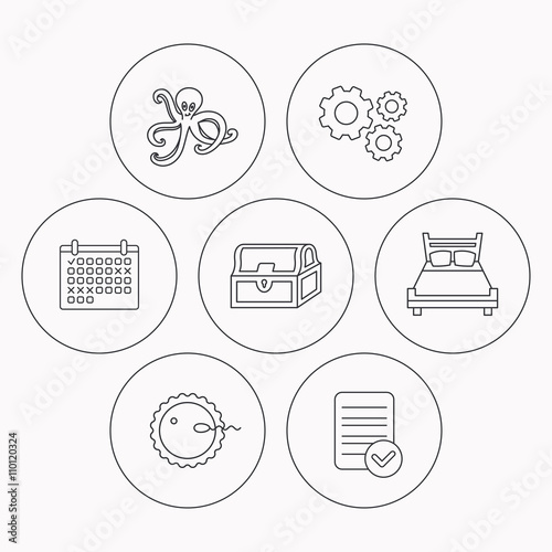 Fertilization, double bed and octopus icons.