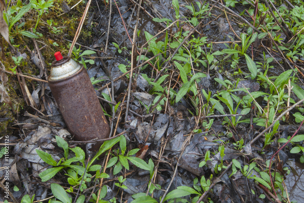 Obraz premium An old rusty spray can in a wetland.