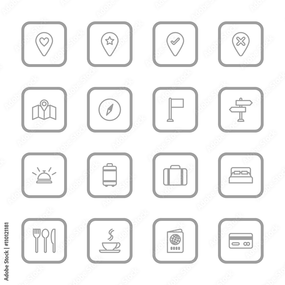 gray line travel icon set with rounded rectangle frame for web design, user interface (UI), infographic and mobile application (apps)