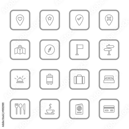gray line travel icon set with rounded rectangle frame for web design, user interface (UI), infographic and mobile application (apps)