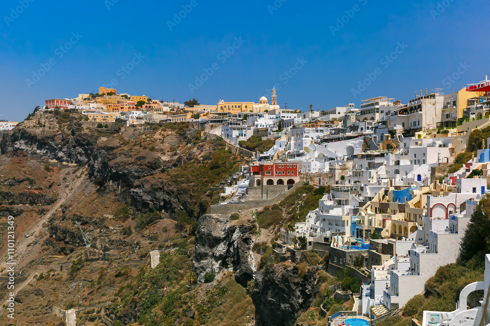 Fira, modern capital of the Greek Aegean island, Santorini, in the sunny day, Greece