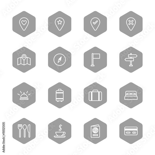 line travel icon set on gray hexagon for web design, user interface (UI), infographic and mobile application (apps)