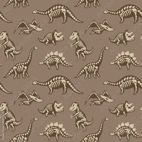 Adorable seamless pattern with funny dinosaur skeletons in cartoon style