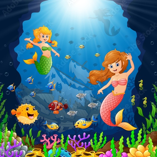 Cartoon mermaid under the sea