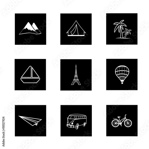 travel icons square black white hand painted vector