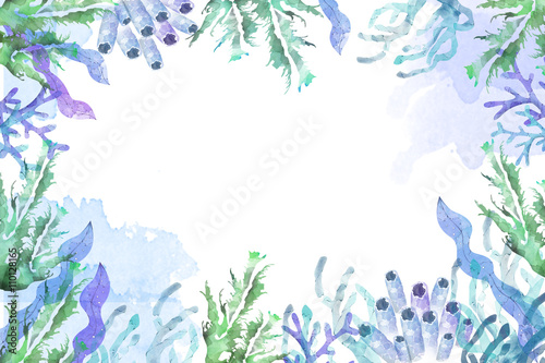 Creative Illustration and Innovative Art: Frame of Sea Plants, Leaves, Corals, Water Color Style. Realistic Fantastic Cartoon Style Artwork Scene, Wallpaper, Story Background, Card Design
