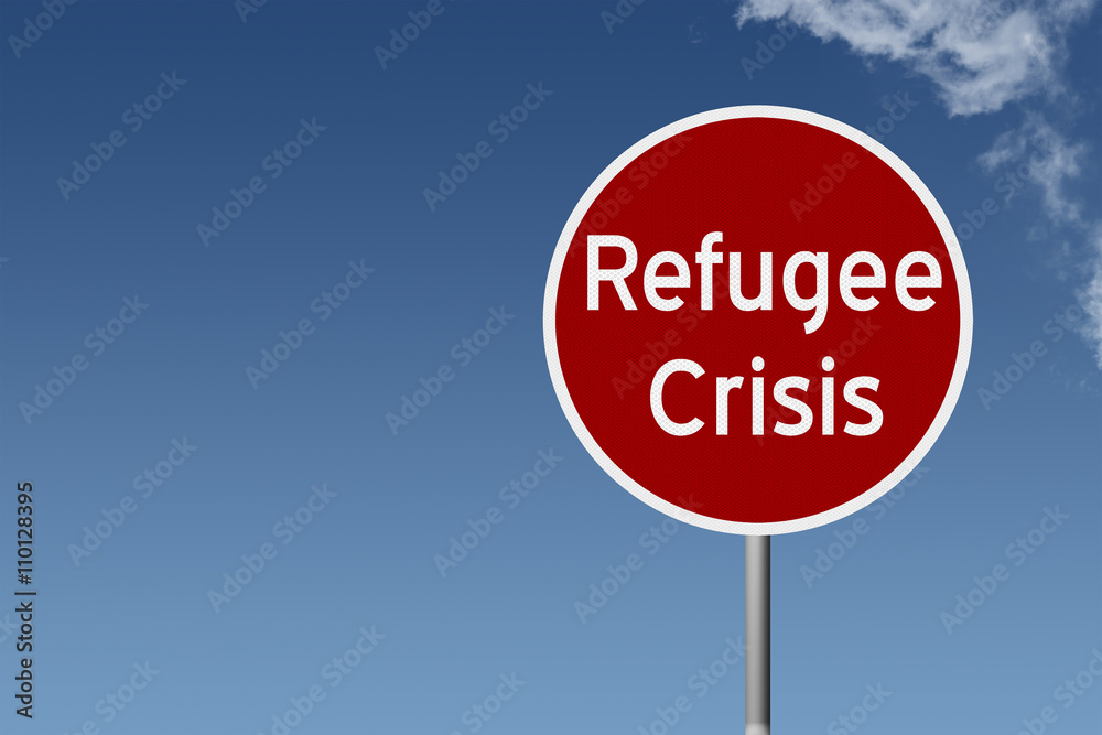 Round highway road sign with text Refugee Crisis Round highway road sign with text Refugee Crisis