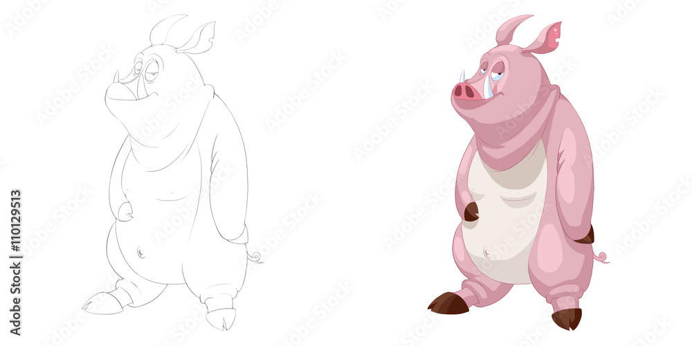 Creative Illustration and Innovative Art: Animal Set: The Sketch Line Art and Coloring Book: Fat Pig Hero. Realistic Fantastic Cartoon Style Artwork Scene, Wallpaper, Story Background, Card Design