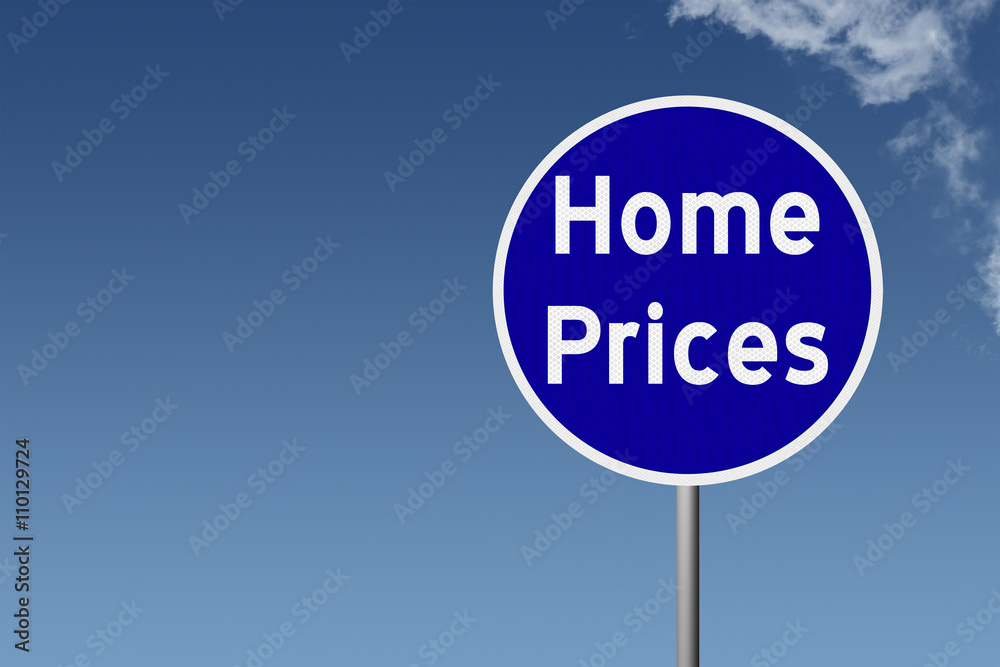 Sign with text Home Prices on sky background Sign with text Home Prices on sky background