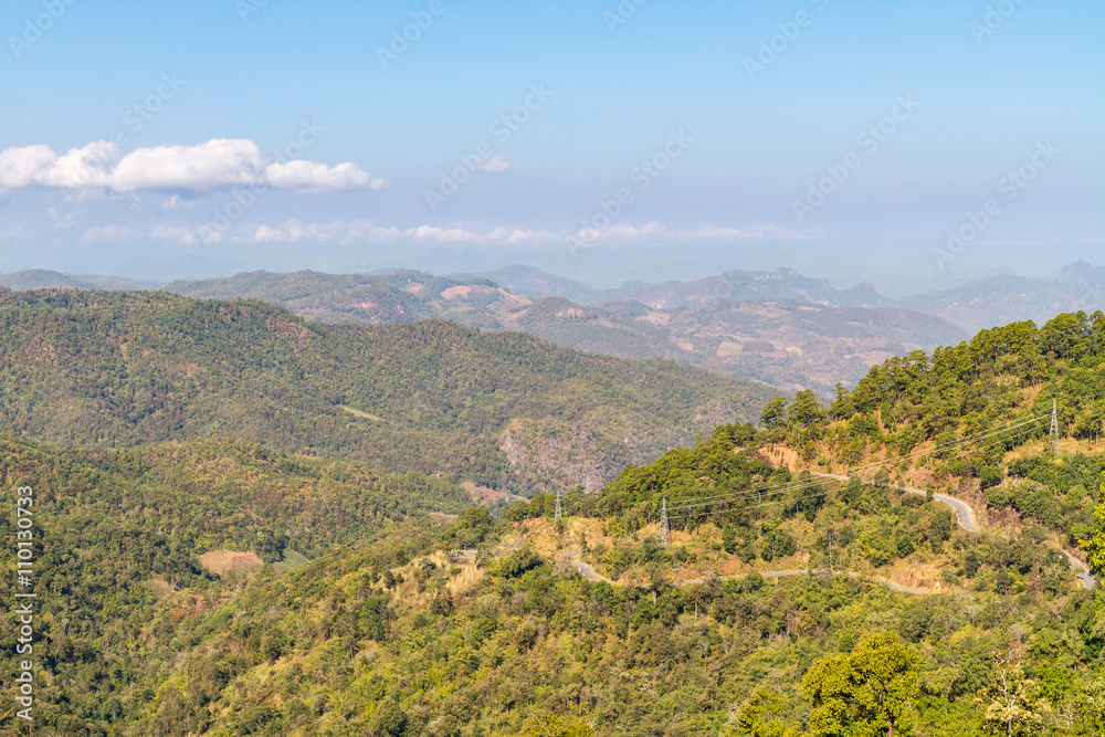 Landscape view from mountain top with haze