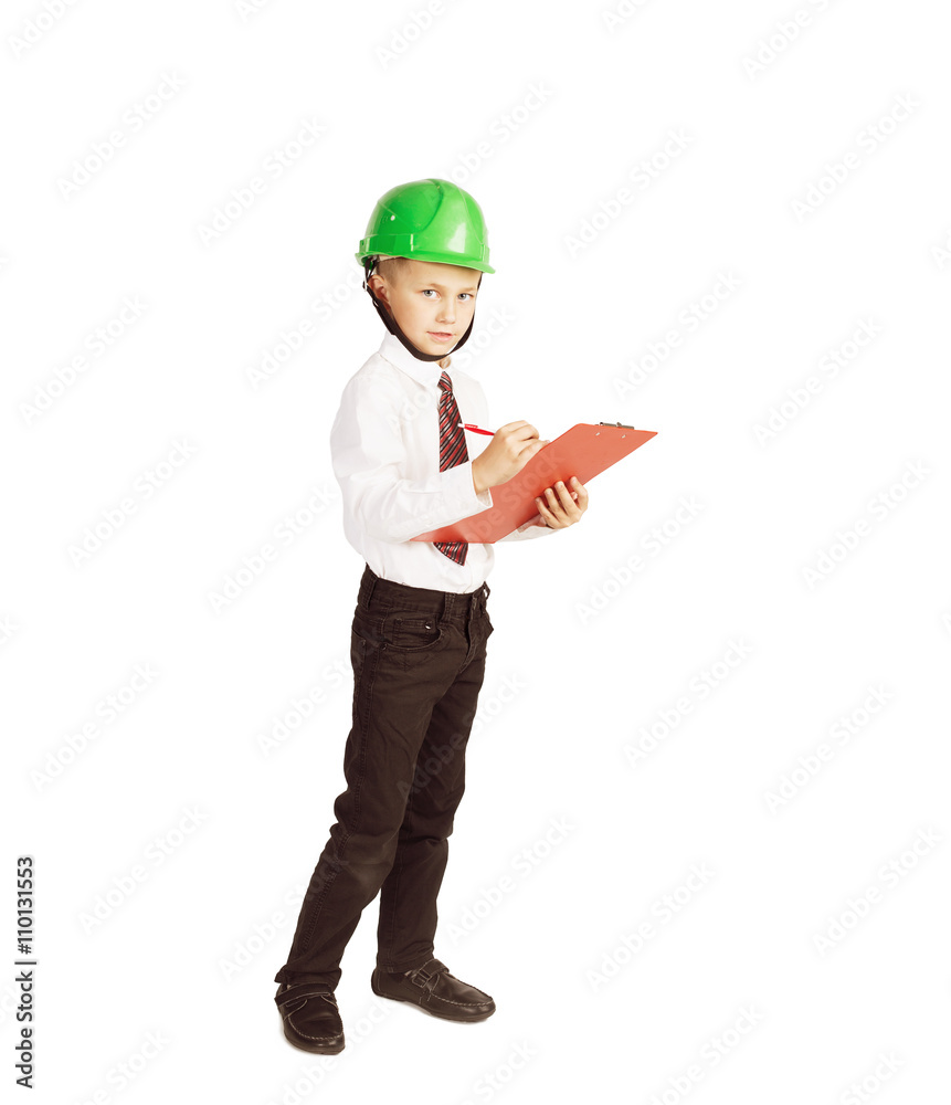 Kid Boy in business suit and helmet writing on paper, looks like foreman. White background isolated Kid Boy in business suit and helmet writing on paper, looks like foreman. White background isolated