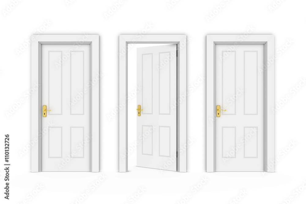 Half Open White Door in Line of Three - Isolated on White 3D Illustration Half Open White Door in Line of Three - Isolated on White 3D Illustration