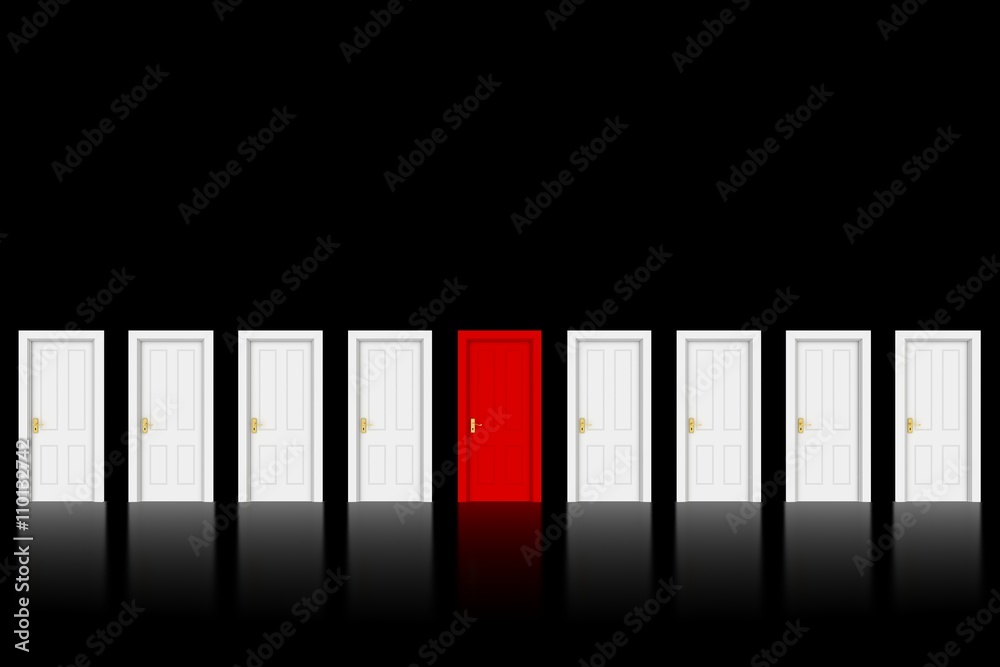 Red Door in Row of White Doors on Black Background with space for text - 3D Illustration