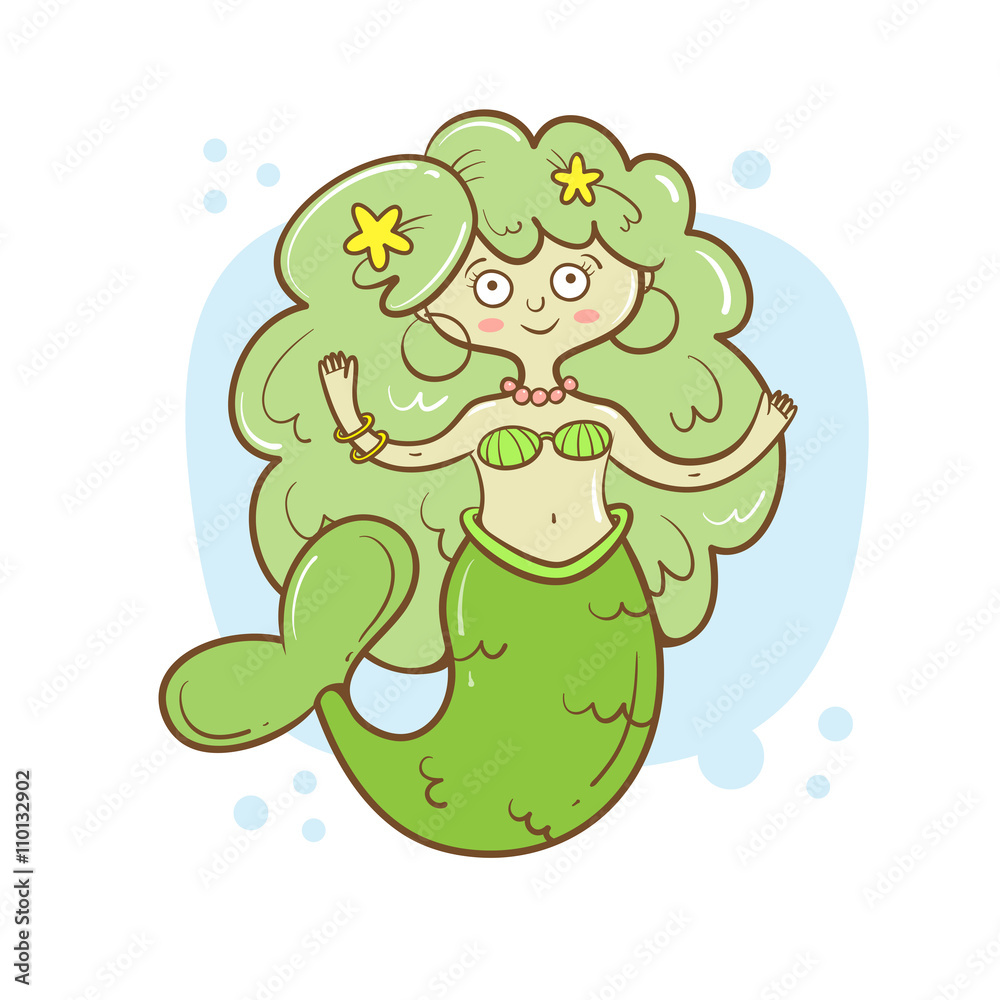 Obraz premium Card with cute cartoon mermaid. Fairy-tale characters. Children's illustration. Vector image.