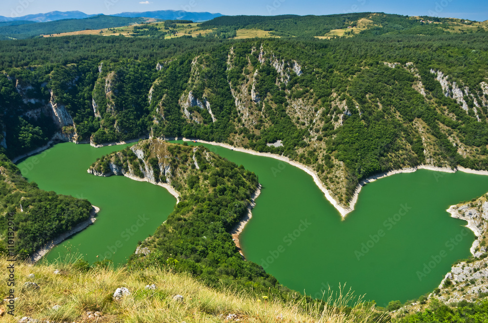 Meanders at rocky river Uvac gorge on sunny morning, southwest Serbia