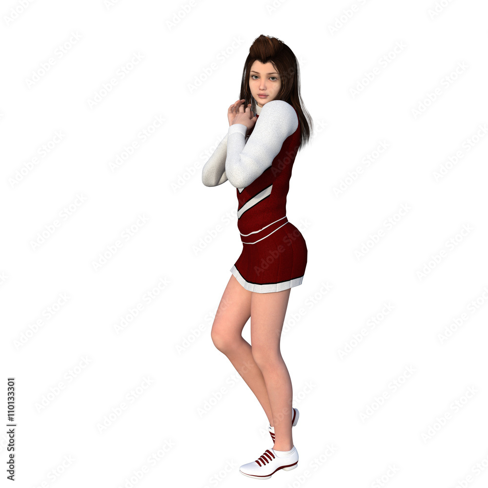 One young girl in white-red uniform of cheerleader. Folds hands together One young girl in white-red uniform of cheerleader. Folds hands together